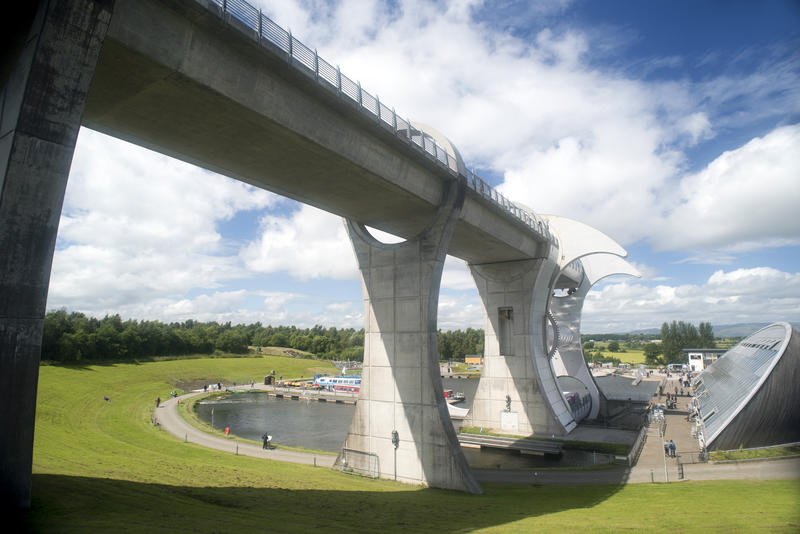 Low angle view of the rotating Falkirk Wheel boat lift, Scotland connecting the Forth and Clyde Canal with the Union Canal.