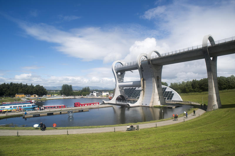 Scenic view of the Falkirk Wheel, Scotland, a rotational boat lift connecting two canal systems for transport