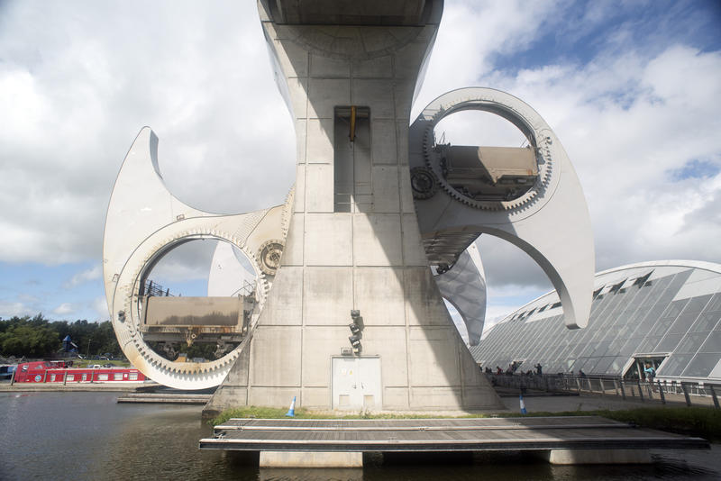 View of the Falkirk Wheel, Falkirk, Scotland a rotational boat lift linking two canal systems for transport