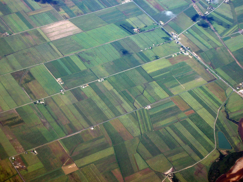 Aerial landscape view of lush green farmland with cultivated fields and pastures