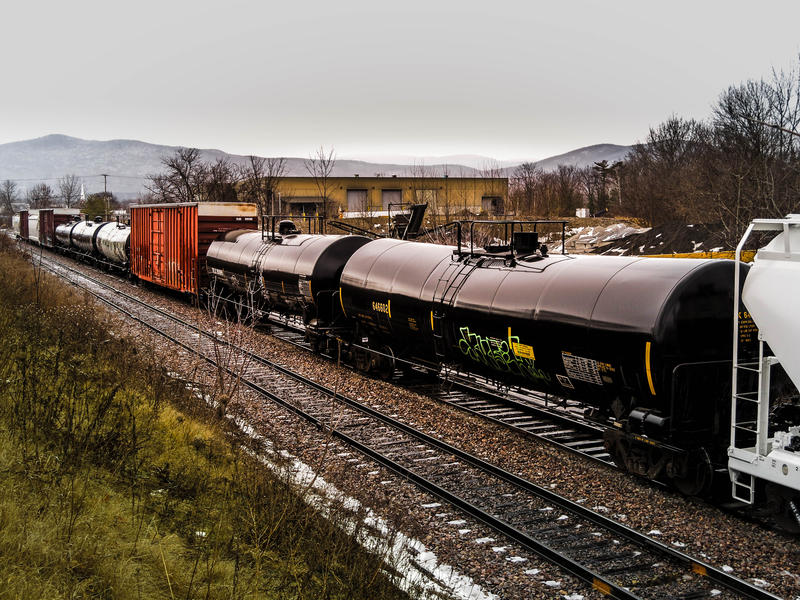 <p>Freight train with RR tracks industrial Rutland VT</p>
