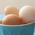 13011   Fresh hens eggs in a blue ceramic bowl
