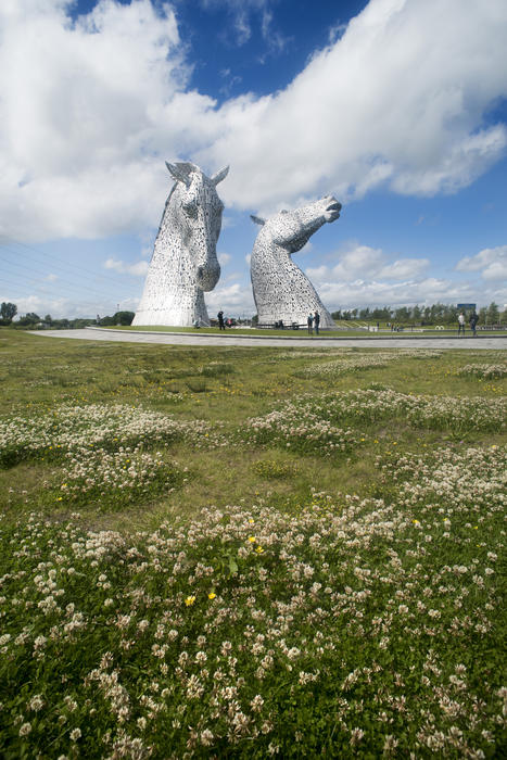 Landscape view of the Kelpies, Falkirk, Scotland, a horse head sculpture to commemorate their role in industry and a popular tourist attraction