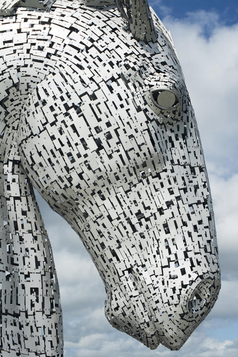 Close up profile of a Kelpie horse head from the pair of horses heads erected to commemorate their role in industry at Falkirk, Scotland