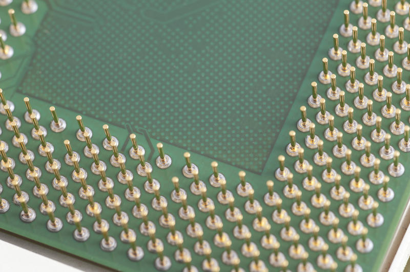 Green CPU microprocessor upside down with pins in close-up cropped image