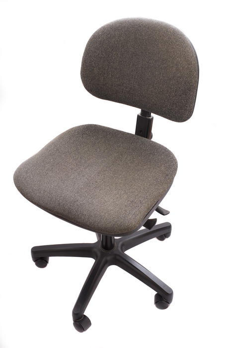 Generic adjustable brown office chair with an upholstered seat and five wheels for mobility isolated on white