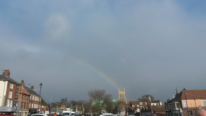 <p>a rainbow strikes the minster February in Great Yarmouth UK</p>
