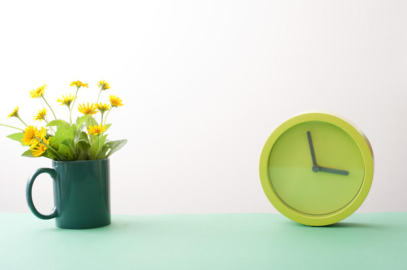 Springtime concept with a round minimalist modern green clock and colorful yellow spring flowers in a mug with central copy space