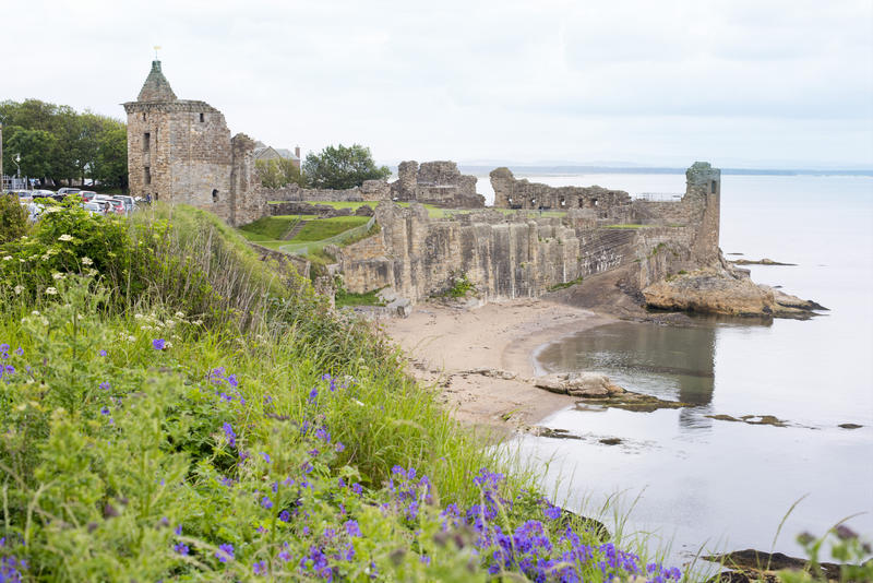 Scenic view of the historic ruins of St Andrews Castle on the coastline near St Andrews, Fife Coast, Scotland