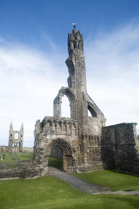 Wide angle vertical view of the old historical remains of Saint Andrews Cathedral complex