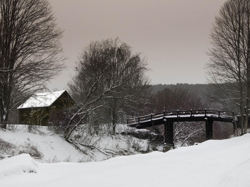 <p>Private bridge to a cabin in the woods in the Winter in rural Vermont.</p>
