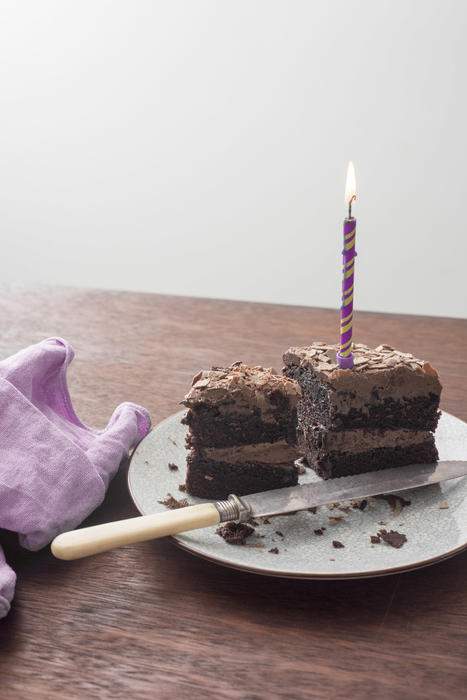 Sliced remains of a chocolate birthday cake with burning candle on a plate on a wooden table with a knife and copy space