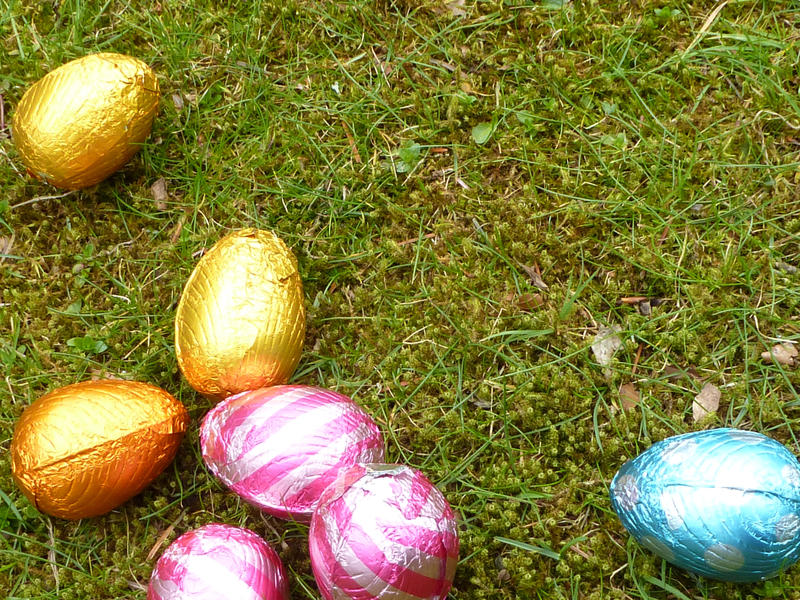 Easter egg hunt background with copy space. Chocolate eggs in colorful foil sitting on fresh grass in the spring
